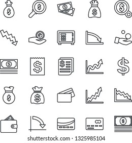 Thin Line Icon Set - credit card vector, safe, dollar sign, money bag, crisis graph, cash, receipt, wallet, growth, search, investment
