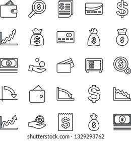 Thin Line Icon Set - credit card vector, safe, dollar sign, money bag, crisis graph, cash, receipt, wallet, growth, search, investment