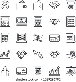 Thin Line Icon Set - credit card vector, handshake, dollar sign, abacus, crisis graph, cash, news, calculator, point, arrow up, wallet, investment, presentation