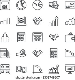 Thin Line Icon Set - credit card vector, handshake, growth statistic, calculator, crisis graph, cash, news, bar, pie, abacus, point, arrow up, wallet, investment, presentation