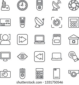 Thin Line Icon Set - credit card vector, camera, calculator, clock, satellite antenna, remote control, touch screen, monitor, laptop pc, radio phone, fast forward, rewind, back, mobile, sd, face id