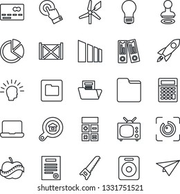 Thin Line Icon Set - credit card vector, stamp, calculator, office binder, bulb, saw, diet, container, sorting, touch screen, speaker, folder, eye id, pie graph, document, notebook pc, contract, tv