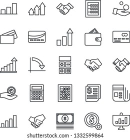Thin Line Icon Set - credit card vector, growth statistic, calculator, abacus, crisis graph, receipt, news, bar, handshake, arrow up, wallet, money search, investment, cash, presentation