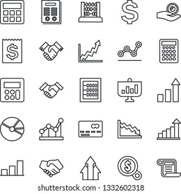 Thin Line Icon Set - credit card vector, growth statistic, dollar sign, abacus, receipt, calculator, bar graph, pie, point, handshake, contract, arrow up, crisis, money search, investment