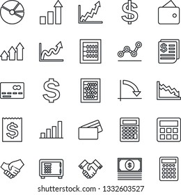 Thin Line Icon Set - credit card vector, safe, growth statistic, dollar sign, abacus, crisis graph, receipt, calculator, bar, pie, point, handshake, arrow up, wallet, cash