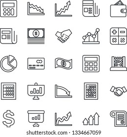 Thin Line Icon Set - credit card vector, handshake, dollar sign, calculator, abacus, news, pie graph, point, arrow up, wallet, growth, crisis, cash, presentation, contract