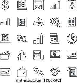 Thin Line Icon Set - credit card vector, growth statistic, dollar sign, abacus, crisis graph, receipt, news, calculator, bar, pie, handshake, contract, arrow up, wallet, money search, investment