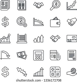 Thin Line Icon Set - credit card vector, handshake, growth statistic, dollar sign, calculator, crisis graph, cash, receipt, news, abacus, point, contract, arrow up, wallet, money search, investment