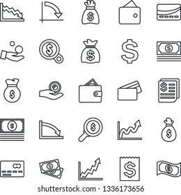 Thin Line Icon Set - credit card vector, dollar sign, money bag, crisis graph, cash, receipt, wallet, growth, search, investment