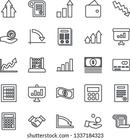 Thin Line Icon Set - credit card vector, growth statistic, abacus, crisis graph, calculator, bar, handshake, contract, arrow up, wallet, investment, cash, presentation
