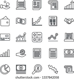 Thin Line Icon Set - credit card vector, handshake, growth statistic, calculator, abacus, crisis graph, cash, receipt, bar, pie, point, contract, wallet, money search, investment