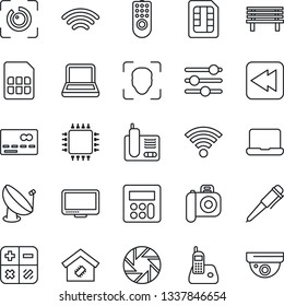 Thin Line Icon Set - credit card vector, calculator, pen, bench, satellite antenna, camera, monitor, radio phone, rewind, mobile, tuning, sim, wireless, face id, eye, notebook pc, smart home, chip