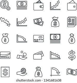 Thin Line Icon Set - credit card vector, dollar sign, money bag, crisis graph, cash, receipt, wallet, growth, search, investment