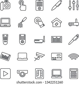 Thin Line Icon Set - credit card vector, pen, garden fork, barcode, camera, remote control, touch screen, laptop pc, play button, tuning, sim, wireless, notebook, smart home, router, web, calculator