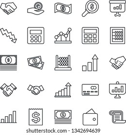 Thin Line Icon Set - credit card vector, handshake, growth statistic, crisis graph, cash, receipt, calculator, bar, abacus, point, wallet, money search, investment, presentation, contract