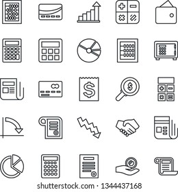 Thin Line Icon Set - credit card vector, safe, growth statistic, calculator, abacus, crisis graph, receipt, news, pie, contract, handshake, wallet, money search, investment