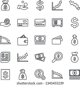 Thin Line Icon Set - credit card vector, safe, dollar sign, money bag, crisis graph, cash, receipt, wallet, growth, search, investment
