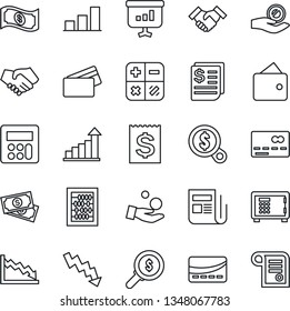 Thin Line Icon Set - credit card vector, safe, growth statistic, calculator, abacus, crisis graph, cash, receipt, news, bar, handshake, wallet, money search, investment, presentation, contract