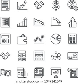 Thin Line Icon Set - credit card vector, growth statistic, dollar sign, calculator, crisis graph, receipt, news, pie, abacus, point, handshake, contract, arrow up, wallet, money search, investment