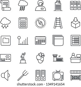 Thin Line Icon Set - credit card vector, storm cloud, airport building, pedestal, office binder, manager place, contract, farm fork, ladder, rain, real heart, support, term, package, speaker, tv