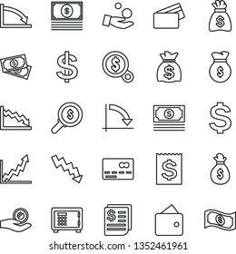 Thin Line Icon Set - credit card vector, safe, dollar sign, money bag, crisis graph, cash, receipt, wallet, growth, search, investment