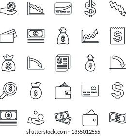 Thin Line Icon Set - credit card vector, dollar sign, money bag, crisis graph, cash, receipt, wallet, growth, search, investment