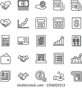 Thin Line Icon Set - credit card vector, handshake, growth statistic, calculator, abacus, receipt, news, point graph, contract, wallet, money search, investment, cash