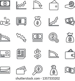 Thin Line Icon Set - credit card vector, safe, dollar sign, money bag, crisis graph, cash, receipt, wallet, growth, search, investment