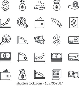 Thin Line Icon Set - credit card vector, dollar sign, money bag, crisis graph, cash, receipt, wallet, growth, search, investment