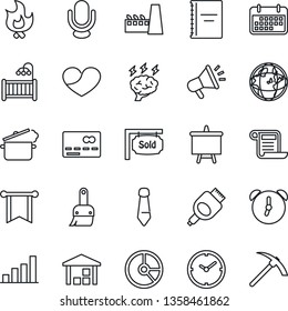 Thin Line Icon Set - credit card vector, tie, presentation board, brainstorm, circle chart, fire, term, warehouse, microphone, heart, hdmi, themes, alarm, copybook, clock, bar graph, sold signboard
