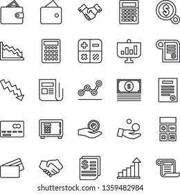 Thin Line Icon Set - credit card vector, safe, handshake, growth statistic, calculator, crisis graph, receipt, news, point, contract, wallet, money search, investment, cash, presentation