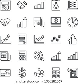 Thin Line Icon Set - credit card vector, growth statistic, dollar sign, calculator, receipt, news, bar graph, pie, abacus, point, handshake, contract, arrow up, money search, investment, cash