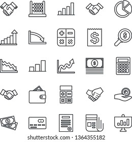 Thin Line Icon Set - credit card vector, handshake, growth statistic, calculator, cash, receipt, news, bar graph, pie, abacus, contract, wallet, crisis, money search, investment, presentation