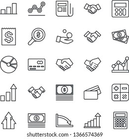 Thin Line Icon Set - credit card vector, handshake, growth statistic, calculator, cash, receipt, news, bar graph, pie, point, arrow up, crisis, money search, investment