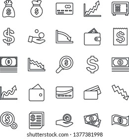Thin Line Icon Set - credit card vector, safe, dollar sign, money bag, crisis graph, cash, receipt, wallet, growth, search, investment