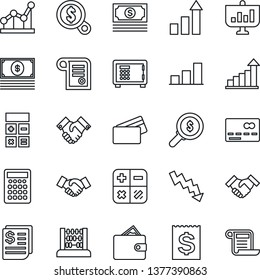 Thin Line Icon Set - credit card vector, safe, handshake, growth statistic, calculator, abacus, crisis graph, cash, receipt, bar, point, wallet, money search, presentation, contract