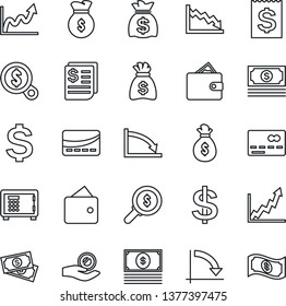 Thin Line Icon Set - credit card vector, safe, dollar sign, money bag, crisis graph, cash, receipt, wallet, growth, search, investment