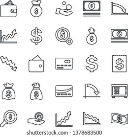 Thin Line Icon Set - credit card vector, safe, dollar sign, money bag, crisis graph, cash, receipt, wallet, growth, search, investment