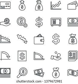 Thin Line Icon Set - credit card vector, safe, dollar sign, money bag, crisis graph, cash, receipt, wallet, growth, search, investment