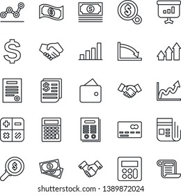 Thin Line Icon Set - credit card vector, handshake, dollar sign, calculator, cash, receipt, news, bar graph, point, contract, arrow up, wallet, growth, crisis, money search, presentation