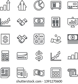 Thin Line Icon Set - credit card vector, safe, handshake, growth statistic, dollar sign, calculator, cash, receipt, news, bar graph, pie, contract, arrow up, investment, presentation
