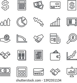 Thin Line Icon Set - credit card vector, safe, handshake, growth statistic, dollar sign, abacus, crisis graph, cash, receipt, news, calculator, pie, contract, arrow up, wallet, money search
