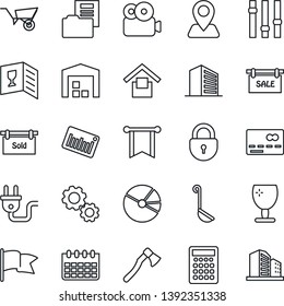 Thin Line Icon Set - credit card vector, lock, office building, calendar, wheelbarrow, axe, navigation, fragile, warehouse storage, barcode, settings, video, pie graph, document folder, sale, wine