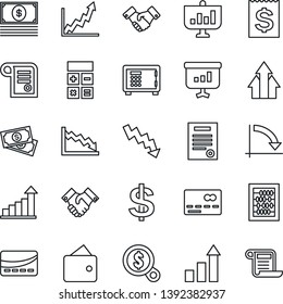 Thin Line Icon Set - credit card vector, safe, handshake, growth statistic, dollar sign, calculator, abacus, crisis graph, cash, receipt, contract, arrow up, wallet, money search, presentation