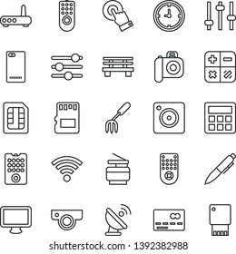 Thin Line Icon Set - credit card vector, calculator, pen, garden fork, bench, clock, satellite antenna, camera, remote control, touch screen, monitor, phone back, mobile, tuning, sd, sim, wireless