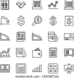 Thin Line Icon Set - credit card vector, safe, handshake, dollar sign, calculator, abacus, crisis graph, cash, receipt, news, bar, point, contract, wallet, money search, presentation