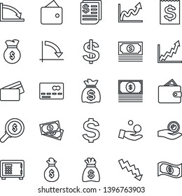 Thin Line Icon Set - credit card vector, safe, dollar sign, money bag, crisis graph, cash, receipt, wallet, growth, search, investment