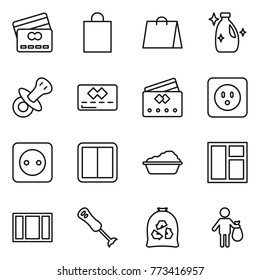 Thin line icon set : credit card, shopping bag, cleanser, nipple, power socket, switch, washing, window, blender, garbage, trash