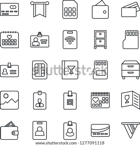 Thin Line Icon Set - credit card vector, identity, medical calendar, gallery, sd, sim, archive box, wine, pass, wallet, pennon