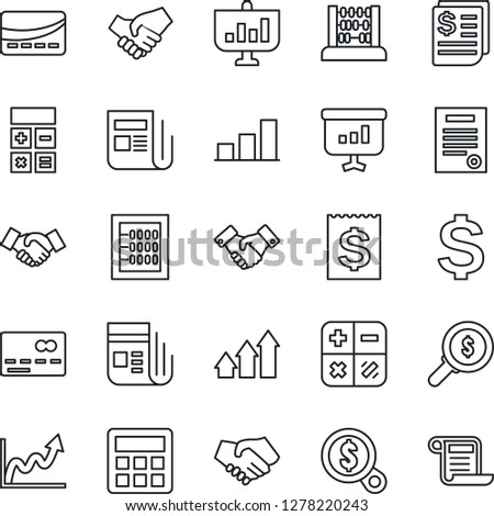 Thin Line Icon Set - credit card vector, handshake, dollar sign, calculator, abacus, receipt, news, bar graph, contract, arrow up, growth, money search, presentation